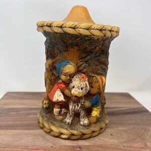 Vintage Hand Painted Carved Candle German 1978 Alpine Originals Girl Boy Dog